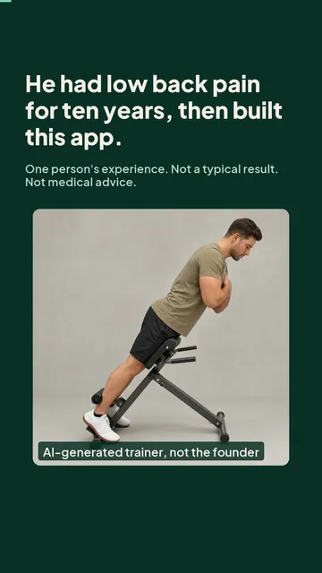 Poster for the Short “He had low back pain for ten years, then built this app.”: an AI-generated trainer on a 45-degree back-extension bench.