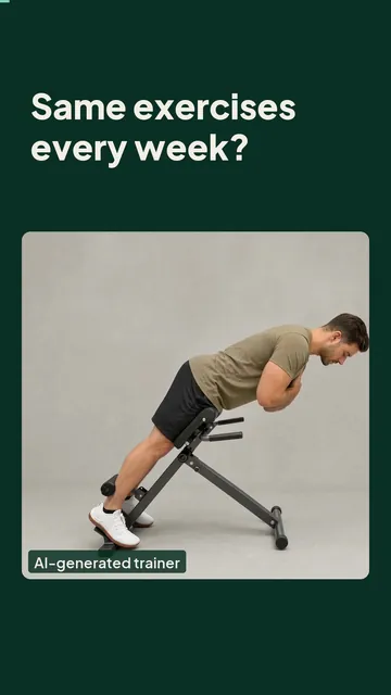 Poster for the Short “Same exercises every week?”: an AI-generated trainer on a 45-degree back-extension bench.